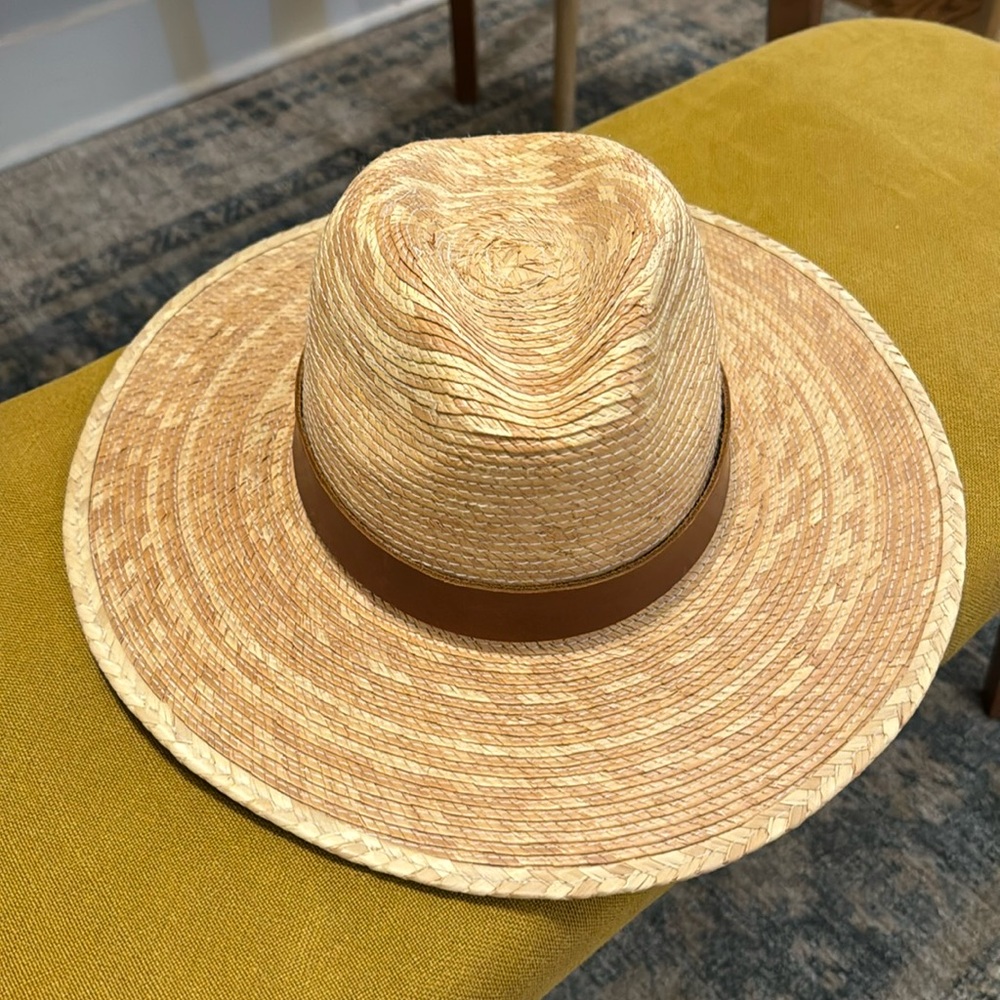 Wide brim straw hat with leather detail